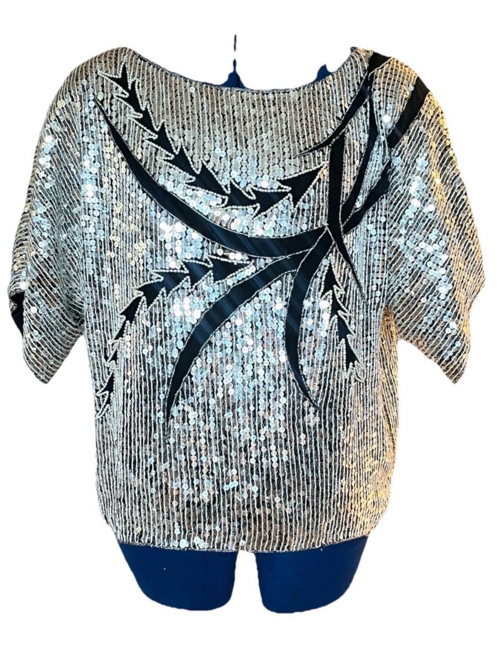 Silver Sequin Boatneck Top with Black Appliqué Silk Lining